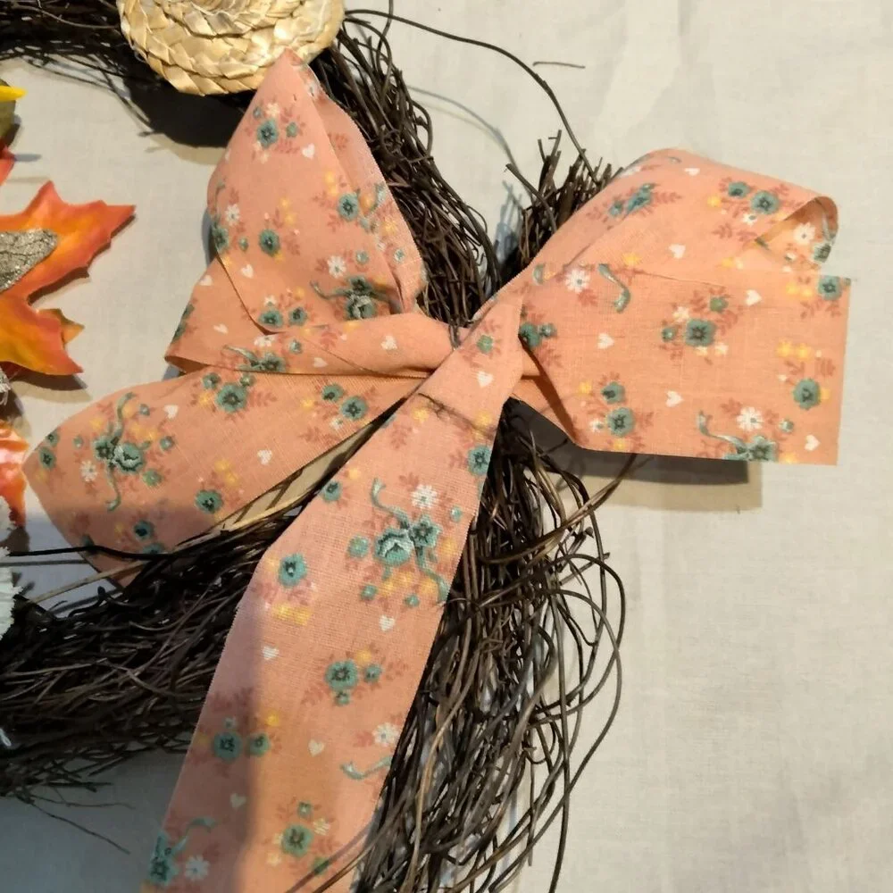 Rustic Fall Grapevine Wreath Sunflower Floral Ribbon Wicker Hat Brown Orange 8 i